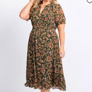 NWT Elegant Floral Midi Dress in Green and Orange